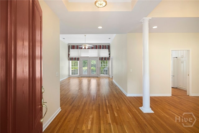 35 Wild Thistle Ln, Savannah, GA 31406 - corridor featuring baseboards, wood finished floors, recessed lighting, ornate columns, and french doors