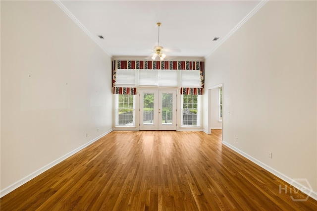 35 Wild Thistle Ln, Savannah, GA 31406 - unfurnished living room with french doors, ceiling fan, ornamental molding, baseboards, and wood finished floors