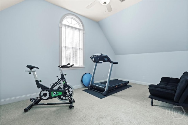 711 Chastain Cir, Richmond Hill, GA 31324 - workout room featuring lofted ceiling, ceiling fan, carpet floors, and baseboards