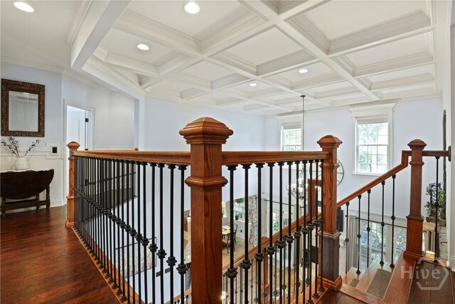 711 Chastain Cir, Richmond Hill, GA 31324 - hallway featuring wood finished floors, beamed ceiling, an upstairs landing, coffered ceiling, and recessed lighting
