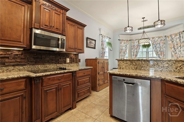 711 Chastain Cir, Richmond Hill, GA 31324 - kitchen featuring stainless steel appliances, tasteful backsplash, crown molding, light stone countertops, and pendant lighting