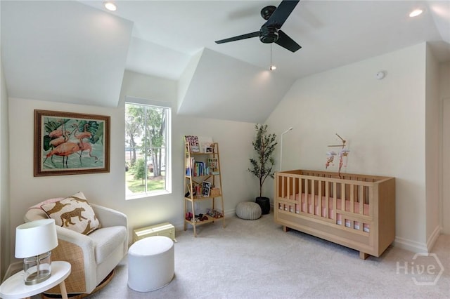 217 John Wesley Way, Savannah, GA 31404 - bedroom with carpet floors, vaulted ceiling, recessed lighting, a nursery area, and ceiling fan