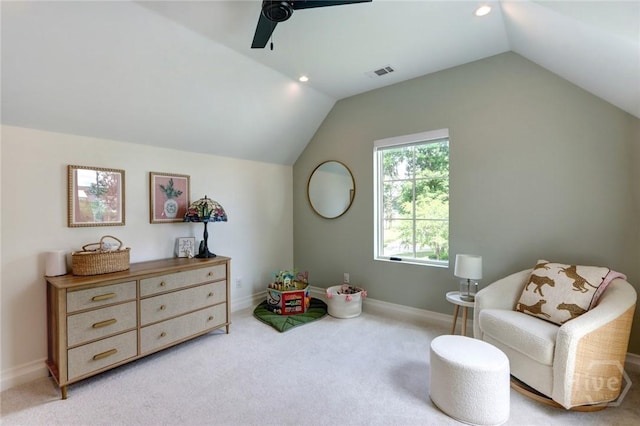 217 John Wesley Way, Savannah, GA 31404 - sitting room with vaulted ceiling, a ceiling fan, light colored carpet, and baseboards