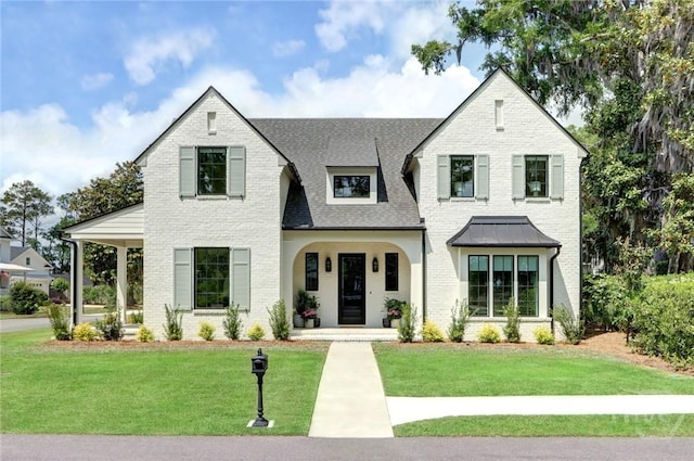 217 John Wesley Way, Savannah, GA 31404 - view of front of house with brick siding, a front yard, a porch, and roof with shingles