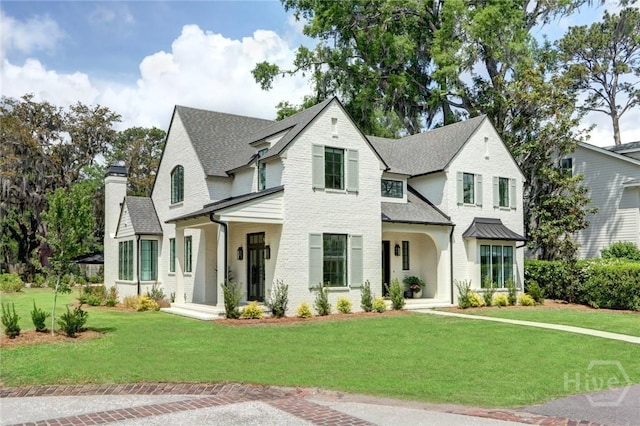 217 John Wesley Way, Savannah, GA 31404 - view of front of property featuring a front yard, a shingled roof, brick siding, and a chimney