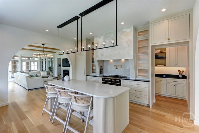 217 John Wesley Way, Savannah, GA 31404 - kitchen with high end stove, arched walkways, light wood-style floors, a center island, and glass insert cabinets