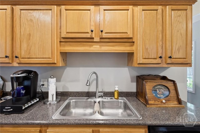 133 Cobbleton Dr, Rincon, GA 31326 - kitchen featuring a sink, black dishwasher, dark countertops, and light brown cabinets