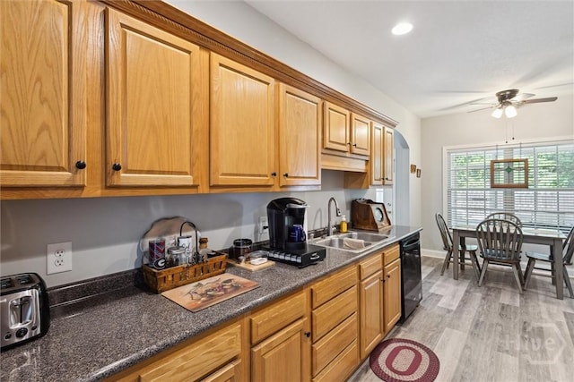 133 Cobbleton Dr, Rincon, GA 31326 - kitchen with a sink, black dishwasher, a ceiling fan, light wood-style flooring, and recessed lighting