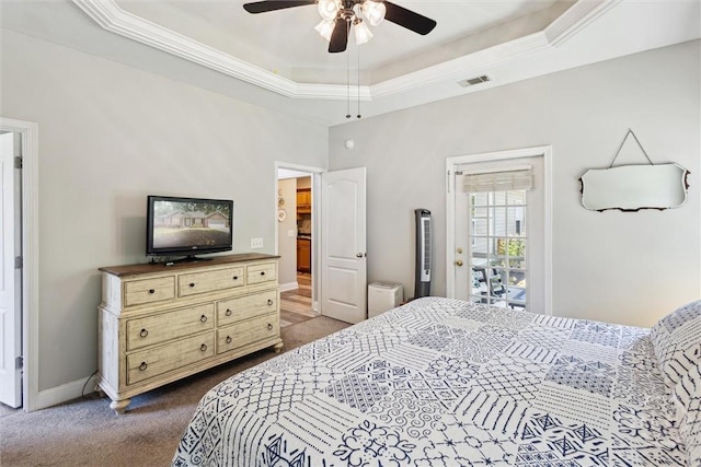 133 Cobbleton Dr, Rincon, GA 31326 - bedroom with dark carpet, a raised ceiling, ornamental molding, baseboards, and a ceiling fan