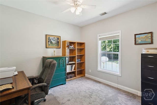 133 Cobbleton Dr, Rincon, GA 31326 - home office featuring carpet floors, a ceiling fan, and baseboards