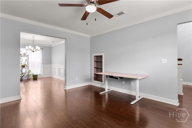 42 Kinlock Ct, Midway, GA 31320 - spare room with ceiling fan, wood finished floors, a chandelier, ornamental molding, and a textured ceiling