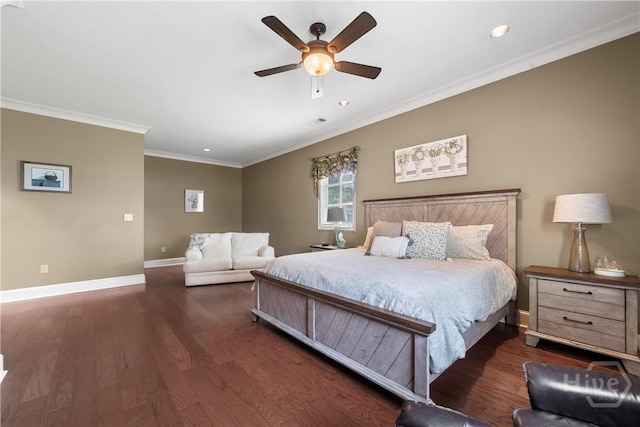 745 S Chickasaw Trl, Sparta, GA 31087 - bedroom with recessed lighting, baseboards, dark wood finished floors, crown molding, and ceiling fan