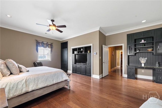 745 S Chickasaw Trl, Sparta, GA 31087 - bedroom featuring crown molding, wood finished floors, a desk, baseboards, and ceiling fan