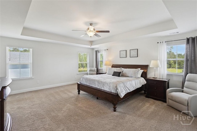 109 Finch Ln, Guyton, GA 31312 - bedroom with a tray ceiling, multiple windows, baseboards, and light colored carpet