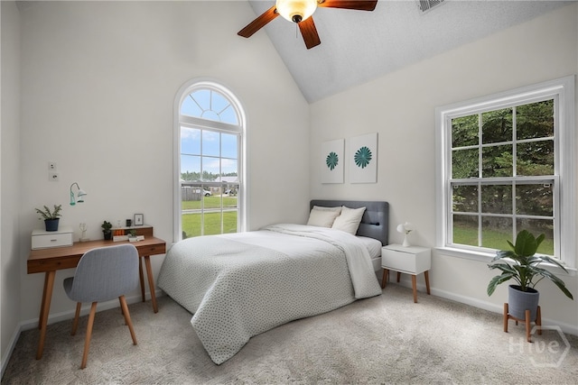 172 Jamestown Dr, Rincon, GA 31326 - carpeted bedroom featuring multiple windows, high vaulted ceiling, baseboards, a desk, and a ceiling fan