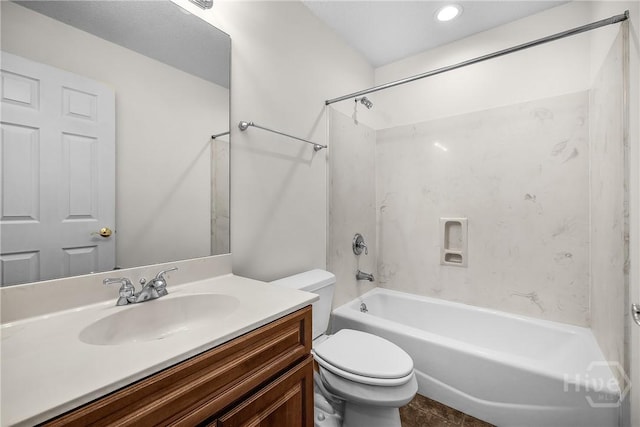 172 Jamestown Dr, Rincon, GA 31326 - bathroom featuring toilet, vanity, shower / bathtub combination, and recessed lighting