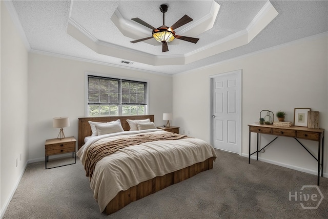 172 Jamestown Dr, Rincon, GA 31326 - carpeted bedroom with crown molding, a raised ceiling, a textured ceiling, a ceiling fan, and baseboards