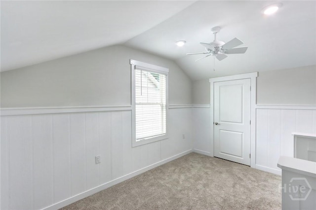 106 Oyster Catcher Ln, Savannah, GA 31410 - additional living space with ceiling fan, vaulted ceiling, wainscoting, and carpet floors