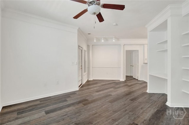 3311 Whitemarsh Way Unit 3311, Savannah, GA 31410 - unfurnished bedroom with dark wood-style flooring, baseboards, ornamental molding, rail lighting, and ceiling fan
