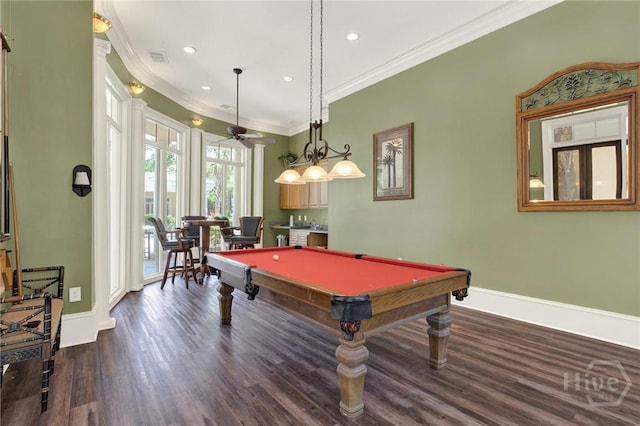 3311 Whitemarsh Way Unit 3311, Savannah, GA 31410 - playroom featuring dark wood-style flooring, recessed lighting, crown molding, pool table, and baseboards