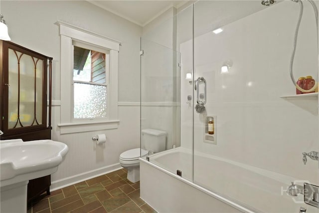 1301 E 48th St, Savannah, GA 31404 - bathroom with enclosed tub / shower combo, stone finish floors, and ornamental molding