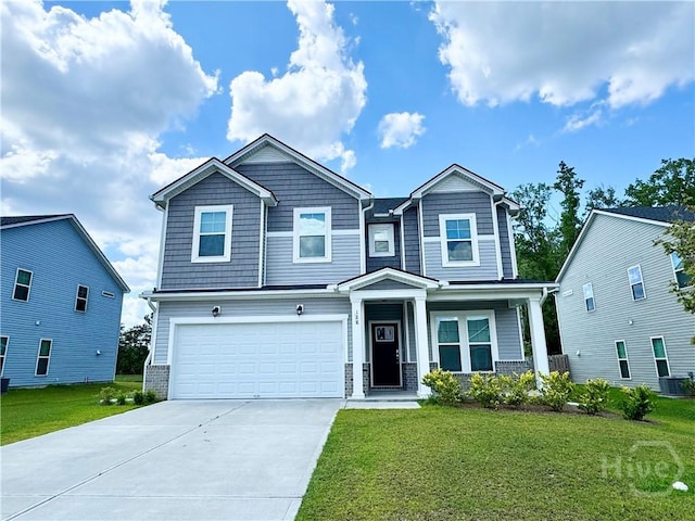 128 Melody Dr, Pooler, GA 31322 - craftsman inspired home with a front lawn, an attached garage, concrete driveway, cooling unit, and covered porch