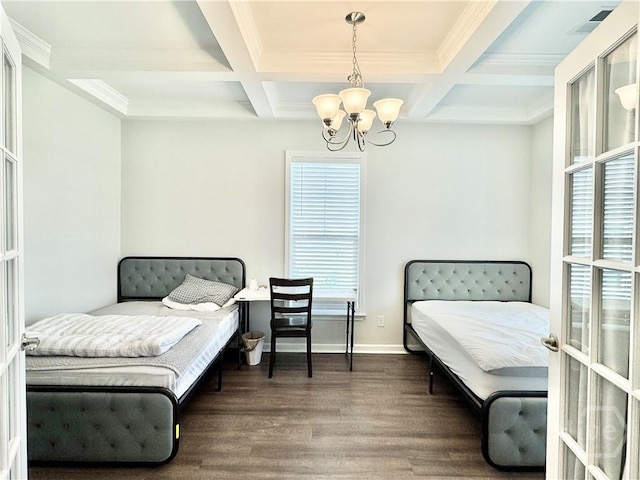 128 Melody Dr, Pooler, GA 31322 - bedroom with coffered ceiling, a chandelier, wood finished floors, beamed ceiling, and baseboards