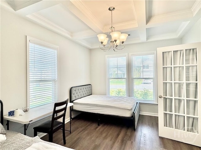 128 Melody Dr, Pooler, GA 31322 - bedroom with a chandelier, beamed ceiling, wood finished floors, coffered ceiling, and baseboards