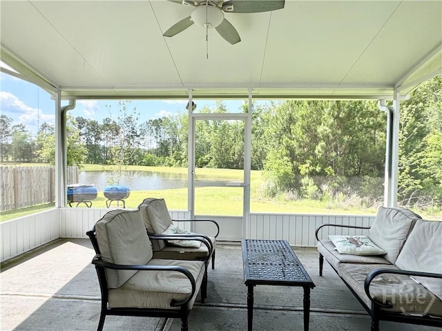 128 Melody Dr, Pooler, GA 31322 - sunroom with a water view, a ceiling fan, view of scattered trees, and an outdoor hangout area