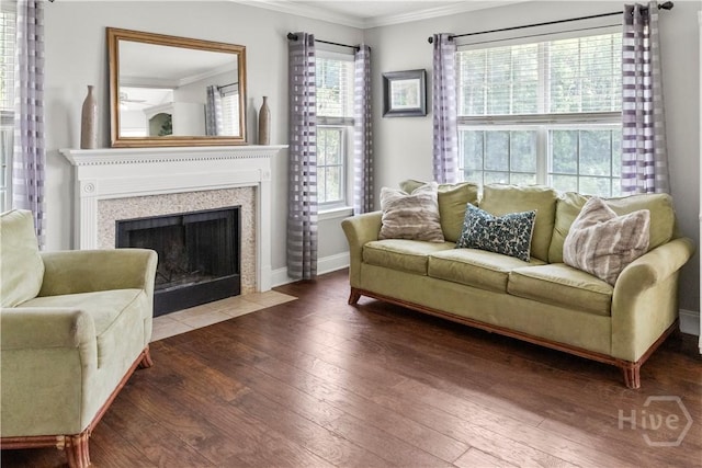 12300 Apache Ave Unit 507, Savannah, GA 31419 - living area with ornamental molding, hardwood / wood-style flooring, a fireplace with flush hearth, and baseboards