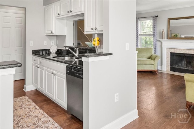 12300 Apache Ave Unit 507, Savannah, GA 31419 - kitchen with dishwasher, a sink, dark countertops, white cabinets, and dark wood-style floors
