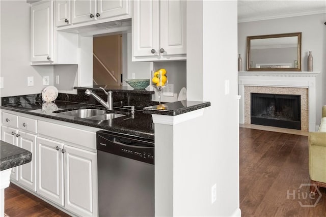 12300 Apache Ave Unit 507, Savannah, GA 31419 - kitchen with stainless steel dishwasher, a sink, crown molding, white cabinetry, and dark wood-type flooring