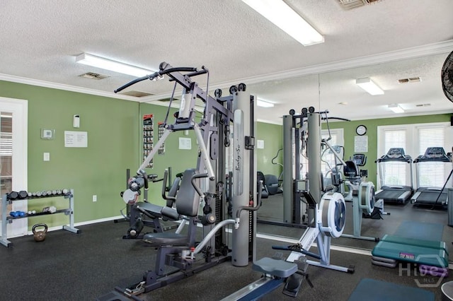 12300 Apache Ave Unit 507, Savannah, GA 31419 - gym featuring crown molding, a textured ceiling, and baseboards
