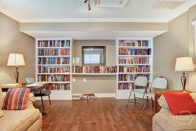 12300 Apache Ave Unit 507, Savannah, GA 31419 - living area with wood finished floors, ornamental molding, built in shelves, and baseboards