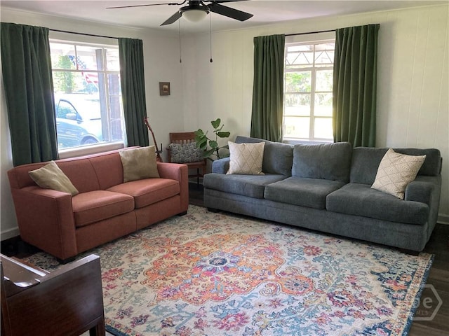 155 Oak Hill Rd, Richmond Hill, GA 31324 - living room with ceiling fan, wood finished floors, and ornamental molding