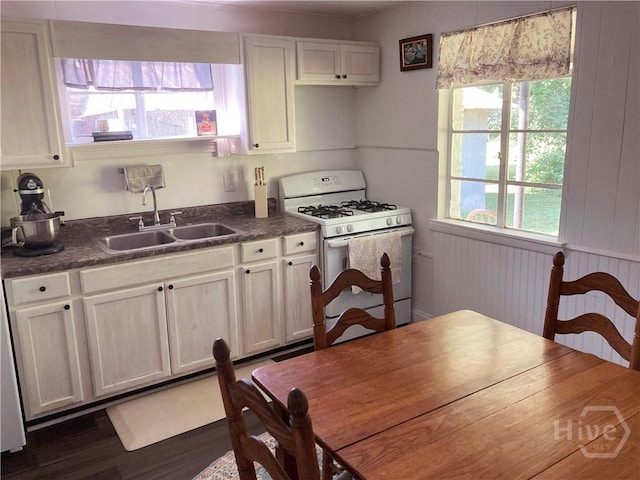 155 Oak Hill Rd, Richmond Hill, GA 31324 - kitchen featuring white range with gas stovetop, a sink, dark countertops, and dark wood-style flooring