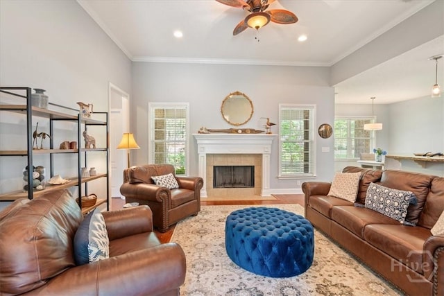 190 Sandpiper Dr, Midway, GA 31320 - living area with ceiling fan, healthy amount of natural light, a tiled fireplace, wood finished floors, and recessed lighting