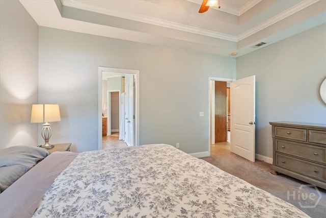 190 Sandpiper Dr, Midway, GA 31320 - carpeted bedroom featuring crown molding, baseboards, a tray ceiling, and ceiling fan
