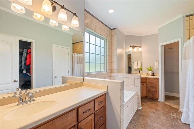 190 Sandpiper Dr, Midway, GA 31320 - bathroom with crown molding, a walk in closet, a bath, vanity, and a shower with curtain