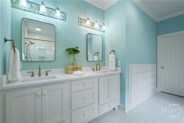 118 Woodline Dr, Savannah, GA 31410 - full bathroom featuring crown molding, a tile shower, double vanity, and tile patterned floors