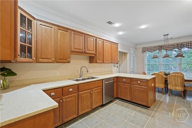 118 Woodline Dr, Savannah, GA 31410 - kitchen featuring stainless steel dishwasher, a sink, crown molding, a peninsula, and light countertops