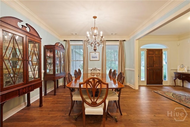 118 Woodline Dr, Savannah, GA 31410 - dining area featuring a chandelier, ornamental molding, dark wood-style floors, and baseboards