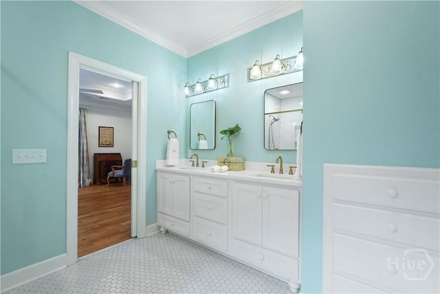 118 Woodline Dr, Savannah, GA 31410 - full bathroom featuring crown molding, double vanity, a shower, and baseboards