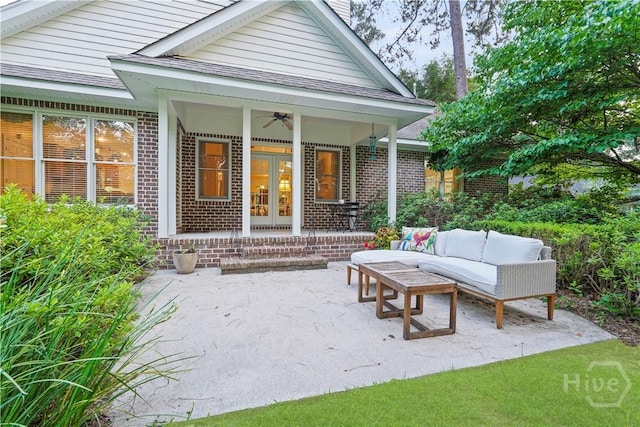 118 Woodline Dr, Savannah, GA 31410 - porch featuring ceiling fan, french doors, outdoor lounge area, and a patio