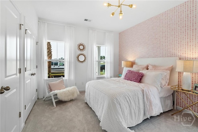 797 Blue Moon Xing, Pooler, GA 31322 - bedroom featuring wallpapered walls, light colored carpet, a chandelier, an accent wall, and baseboards