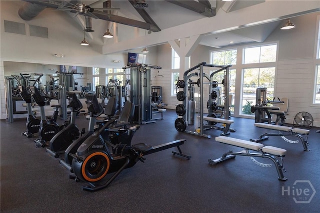797 Blue Moon Xing, Pooler, GA 31322 - gym featuring high vaulted ceiling, beamed ceiling, and a ceiling fan