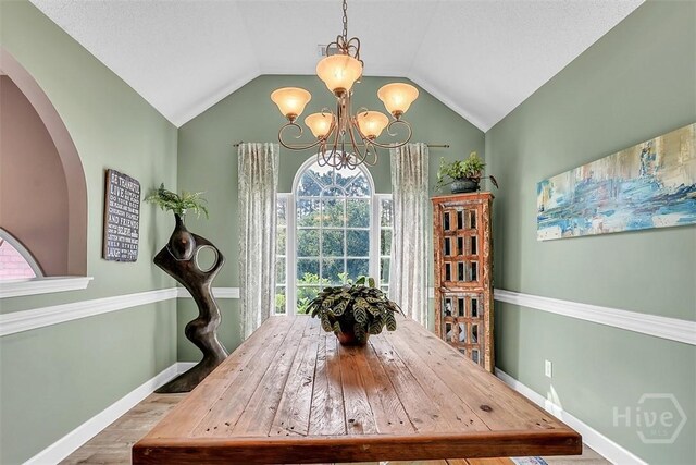 207 Pink Dogwood Ln, Pooler, GA 31322 - dining area with a chandelier, wood finished floors, healthy amount of natural light, baseboards, and lofted ceiling