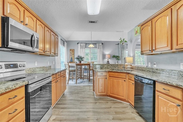 207 Pink Dogwood Ln, Pooler, GA 31322 - kitchen featuring stainless steel appliances, healthy amount of natural light, a sink, light wood-style flooring, and a textured ceiling