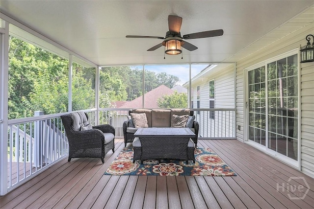 207 Pink Dogwood Ln, Pooler, GA 31322 - wooden deck featuring ceiling fan and an outdoor living space