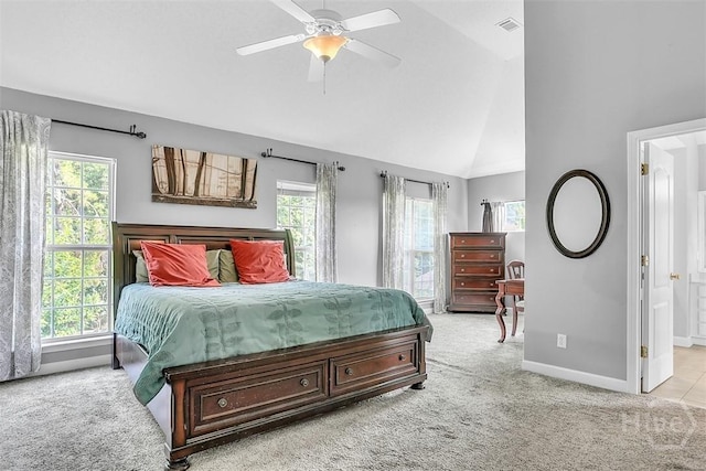 207 Pink Dogwood Ln, Pooler, GA 31322 - carpeted bedroom with baseboards, ensuite bathroom, a ceiling fan, and high vaulted ceiling